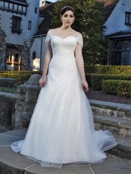 A-line Sweetheart Tulle Satin Sweep Train White Beading Wedding Dresses
