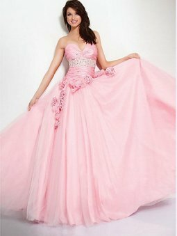 Ball Gown Sweetheart Pink Hand-Made Flower Tulle Floor-length Dress