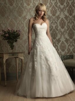 A-line Sweetheart Tulle Satin Court Train Flower(s) Wedding Dresses