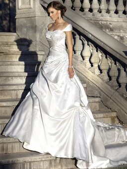 A-line Off-the-shoulder Satin Organza Sweep Train Ivory Appliques Wedding Dresses