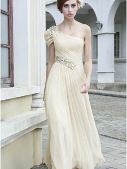 A-line One Shoulder Ivory Rhinestone Chiffon Floor-length Dress
