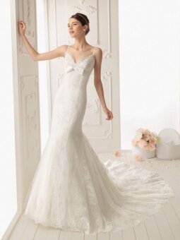 Trumpet/Mermaid Spaghetti Straps Lace Chapel Train White Bow Wedding Dress