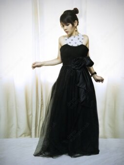 A-line Jewel Tulle Satin Floor-length Sequins Evening Dresses