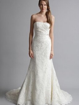 A-line Strapless Lace Chapel Train Ivory Crystal Detailing Wedding Dress