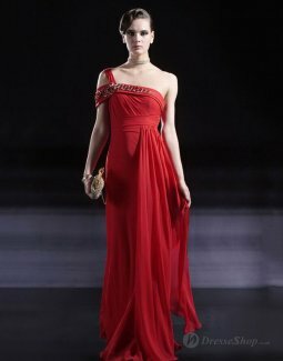 A-line One Shoulder Jeweled Pleating Chiffon Floor-length Evening Gown
