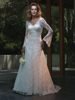 A-line V-neck Lace Court Train Ruched Wedding Dresses