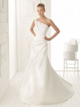 A-line One Shoulder Satin Sweep Train White Ruched Wedding Dress