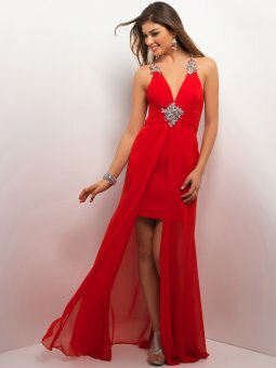 Sheath/Column V-neck Chiffon Floor-length Red Beading Prom Dress
