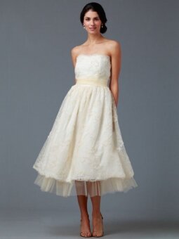 A-line Strapless Tulle Satin Tea-length Lace Ivory Wedding Dresses