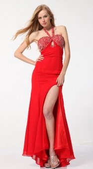 Sheath/Column Halter Chiffon Floor-length Red Prom Dress