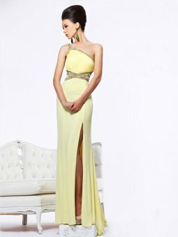 Sheath/Column One Shoulder Chiffon Floor-length Daffodil Split Front Prom Dresses