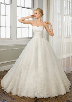 Empire Strapless Belt Lace Sweep Train Bridal Gown