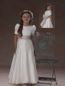 Scoop A-line Floor Length Sash White Satin Flower Girl Dress (FLGL0156)