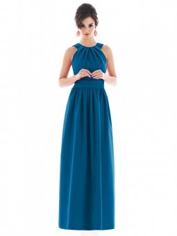 A-line Halter Belt Floor-length Blue Satin Dresses