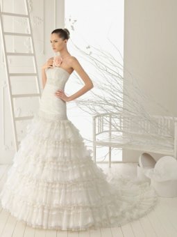 A-line Strapless Organza Lace Chapel Train White Tiered Wedding Dress