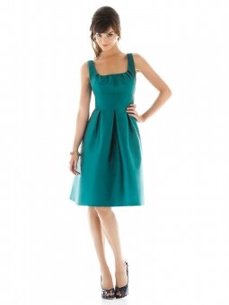 A-line Square Belt Tea-length Emerald Satin Dresses