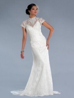 A-Line Turtle Neck Embroidery Beading Lace Chapel Train Wedding Dress