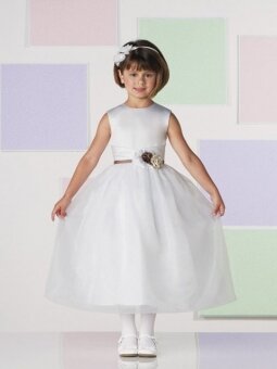 Bateau A-line Tea Length Embellished Trim White Satin Flower Girl Dress (FLGL0096)