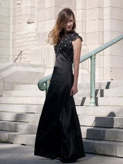 A-line V-neck Silk-like Satin Floor-length Appliques Prom Dresses
