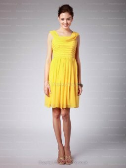 Sheath/Column Scoop Chiffon Knee-length Daffodil Pleating Dress