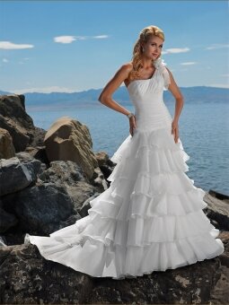 White Tulle Floor Length One Shoulder Hand Made Flower Empire Beach Wedding Dress