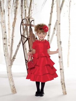 Scoop A-line Tea Length Ruffles Red Taffeta Flower Girl Dress (FLGL0145)