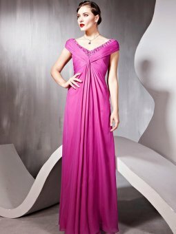A-line V-neck Fuchsia Ruffles Chiffon Floor-length Dress