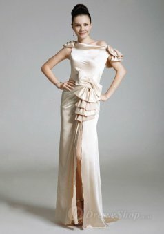 Sheath/Column Off-the-shoulder Ruffled Satin Bow Floor-length Dress