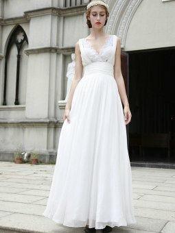 Empire V-neck Lace Chiffon Floor-length Prom Dress