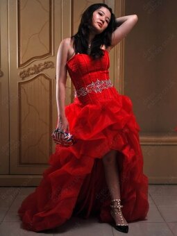 A-line Sweetheart Organza Asymmetrical Red Pick-Ups Prom Dress