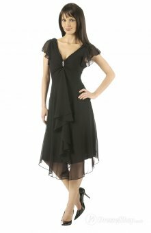 A-line V-neck Chiffon Black Tea-length Dress