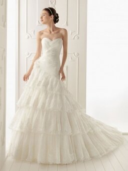 A-line Sweetheart Organza Lace Chapel Train Ivory Tiered Wedding Dress