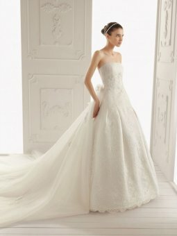 A-line Strapless Organza Lace Court Train White Flowers Wedding Dress