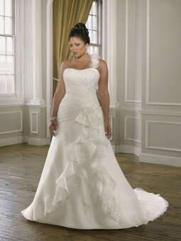 A-Line One Shoulder Lace Satin Chapel Train Plus Size Wedding Dress