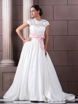 A-line Scoop Satin Chapel Train White Lace Wedding Dresses