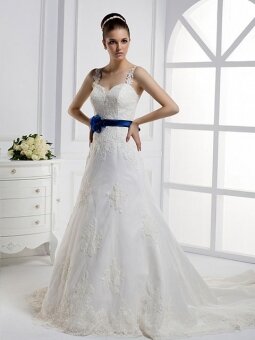 A-line Straps Lace Satin Court Train Sashes / Ribbons Wedding Dresses