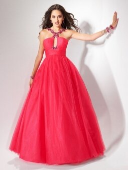 A-line Straps Watermelon Crystal Tulle Floor-length Dress