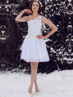 A-line One Shoulder Organza Short/Mini White Lace Homecoming Dress