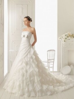 A-line Strapless Organza Court Train White Bow Wedding Dress