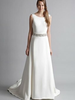A-line Scoop Satin Chapel Train White Beading Wedding Dress
