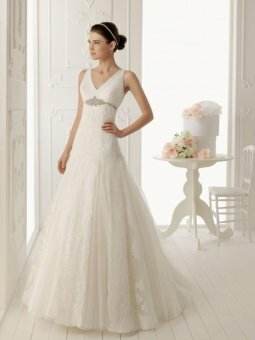 A-line V-neck Organza Lace Floor-length White Crystal Detailing Wedding Dress