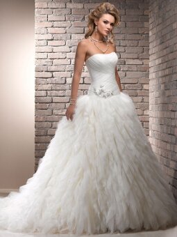 Ball Gown Strapless Tulle Satin Sweep Train Tiered Wedding Dresses