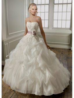 Ball Gown Strapless Flower Tulle Chapel Train Wedding Dress