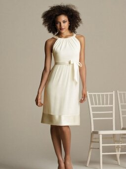 Column Round-neck White Taffeta Sash Knee-length dress