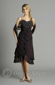 A-line Spaghetti Straps Beading Ruffles Chiffon Black Asymmetrical Dress