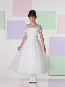 Scoop A-line Ankle Length Flower White Tulle Flower Girl Dress (FLGL0107)
