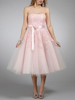A-line Bateau Tulle Tea-length Pink Prom Dresses With Sash