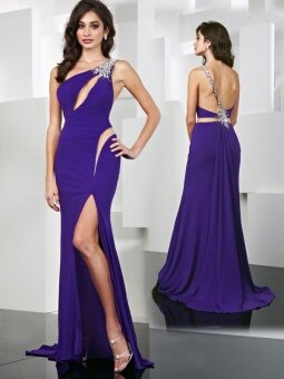 Trumpet/Mermaid One Shoulder Purple Beading Chiffon Floor-length Dress