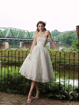 A-line Strapless Lace Satin Tea-length Draped Ivory Wedding Dresses