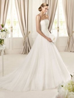 A-line Strapless Tulle Sweep Train Beading Wedding Dresses